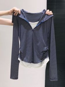 Áo Thun Dài Tay Kẻ Sọc Hai Mảnh Cho Nữ Cổ Tròn Dáng Ôm Màu Trơn Chất Liệu Cotton Mùa Thu Đông Phong Cách Công Sở Thương Hiệu Eting