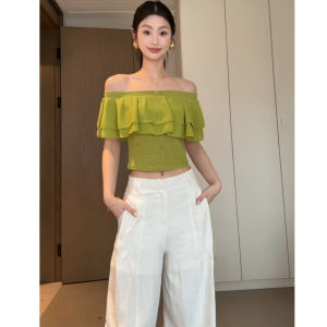 YUEZHONGWEI | French Style Ruffle Off-Shoulder Slim Fit Pink T-Shirt