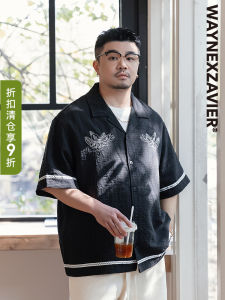 Loose Fit Cuban Collar Bubble Shirt Mens plus Size Short Sleeve Printed Casual Fashion Urban Style Summer Shirt Waynexzavier