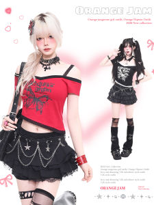Dark Punk Subculture Printed Slim Fit Short Sleeved Off Shoulder T-Shirt