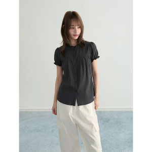 ARCG | Black Lace Stand Collar Puff Sleeve Short Sleeve Shirt