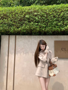 Chic Korean Womens Workwear Jacket And Shorts Set Seven Sleeve Length Good Fit Polyester Fiber Button Closure Spring Fashion