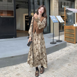 Floral Print Dress And Vest Set Women Early Autumn 2025 Super Popular Anti-Aging High-End Feeling Two-Piece Set French Style
