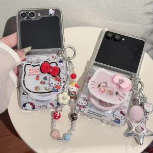 Sanrio | Ốp Điện Thoại Hoạt Hình 3D HelloKitty Cho Samsung Galaxy Z Flip6/7/7FE/Flip5/4/3 Có Dây Đeo Vỏ Silicon Xoay Dễ Thương Kiểu Dáng Kawaii Hai Lớp Chống Sốc