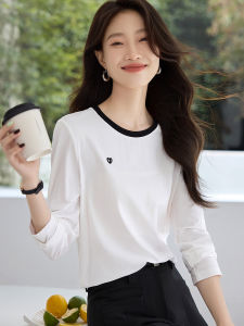 Embroidered Heart Long Sleeve T-Shirt Womens Casual Cotton Base Shirt Spring Autumn Fashionable Versatile Simple round Neck
