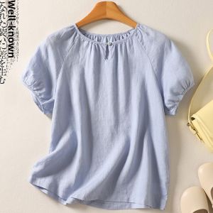 Summer Thin Linen Shirt Womens Short Sleeve Pleated Unique Korean Style Artistic Pure Color Commute Vintage Loose Fit Top