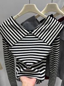 Fashionable Long Sleeve Striped Navy Collar Knitted Sweater Womens Autumn New Style Versatile Youthful Top Color Block Design