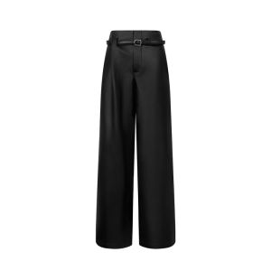 ANN ANDELMAN | One-side Wrinkle Design PU Leather Trousers with Belt