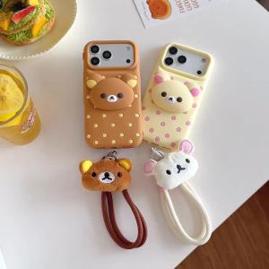 EOENKK | Kawaii Rilakkuma Silicone Phone Case For iPhone 12 13 14 15 16 17 Pro Max Plus 17 Pro 16e 17e with Strap Stand INS Back Cover