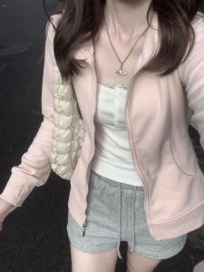 SUHUIQIAN | Pink Hooded Sweatshirt Jacket Slim Fit