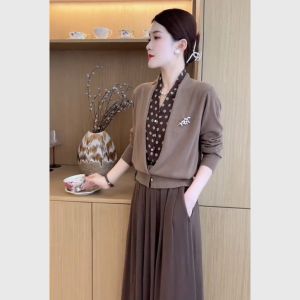 Chic Brown Knitted Set Elegant Style Autumn Fashion High Waist Long Skirt Matching Top Quality Material Comfortable Fit for Women