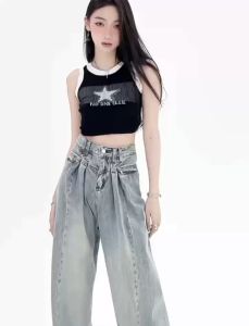 กางเกงยีนส์วินเทจเอวสูง เอวปรับได้ ทรงสวยดูดี ขายาว