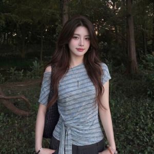 CHENDAYU | Korean Style Sweet and Cool Spliced Off-Shoulder Stripe T-Shirt with Shoulder-Baring Bow