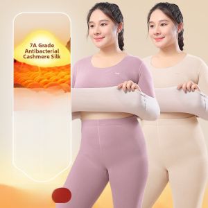 miiow | Warm Underwear Set For Women Plus Size Fleeing Thermal Long Sleeve Round Neck Long Pants Autumn Winter Fashion Simple Style Polyester Fiber