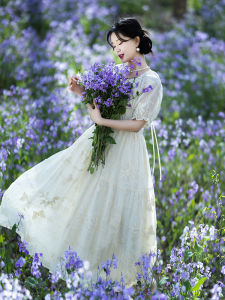 Retro Embroidered A-Line Dress Womens Shoulder Insert Sleeve Waist Cinched Gauzy Summer Casual round Neck Short Sleeve Dress