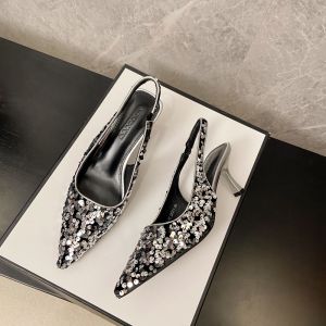 Shiny Sequin mid Heel Sandals French Style Pointed Toe Slip-On Womens Shoes Breathable Low Cut Fashionable Flat Buckle Sandals