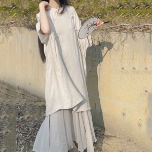 Artistic Retro Cotton Linen Short Sleeve Dress Womens New Summer Chinese Style Tea Costume Loose Waist Commute Style