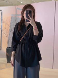 Black V-neck Midi Shirt Womens Early Autumn plus Size Slimming Waist European Style Fashionable Top Shoulder Width Regular