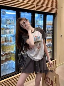 American-Style Contrast Color Raglan Puppy Printed Short-Sleeved T-shirt Womens Summer Stylish Ruched Waist Trimming Short 100% Cotton Coat