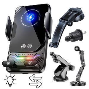 15W Universal Car Phone Wireless Charger Holder Auto-sensing RGB Light Mount for Samsung S26 Iphone 17 16 15 14 13 12 11 Pro Max