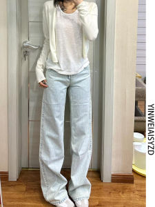 กางเกงยีนส์ทรงตรงเอวต่ำสีฟ้าอ่อนสำหรับผู้หญิงไซส์ใหญ่ กางเกงขายาวทรงหลวมเข้ารูปสำหรับฤดูใบไม้ผลิและฤดูร้อน 2025