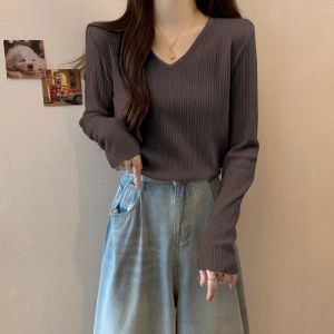 Fancy V Neck Knitting Bottoming Shirt T-shirt Female Spring & Fall Plus Size Plus Size Ladies Slim Looking Tummy Hiding Fat Hiding Shoulder Anti-Aging Top