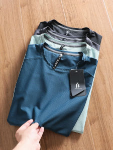 Quick Dry Tech Fabric Mens Summer New Style Outdoor Sports Moisture Wicking Short Sleeve T-Shirt Polyester Fiber round Neck Check Pattern