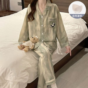 Panda Print ชุดนอน ชุด ผู้หญิง ผ้าฝ้าย เสื้อผ้าบ้านแขนยาว ฤดูใบไม้ผลิ ฤดูใบไม้ร่วง สไตล์พร้อมแผ่นรองหน้าอก Dye-Sublimation ดีไซน์