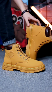 hchang รองเท้าบู๊ตทำงานสำหรับผู้ชายที่มีดีไซน์ผูกเชือก พื้นรองเท้าป้องกันการเจาะ ข้อเท้าหุ้มข้อสูง และคุณสมบัติที่จำเป็นสไตล์อุตสาหกรรม รองเท้าคอมแบท