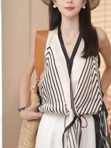 Elegant French Vintage Striped Satin Top with Tie Design Slimming V-Neck Sleeveless Fashionable plus Size Womens Shirt