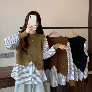 Wanita Lengan Panjang Kemeja Rajutan Sweater Atasan Dua Potong Palsu