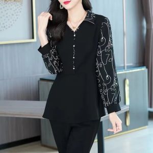 พลัสไซส์ ผู้หญิง เสื้อเชิ้ต ฤดูใบไม้ผลิ ฤดูใบไม้ร่วง ปกพุงแขนยาว พรางหุ่น ทันสมัย เสื้อผ้าแม่ หลวม ประเภท ปกโปโล โพลีเอสเตอร์