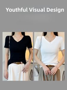 QIAOCHENXIAN | 95% Cotton V-Neck Short Sleeve T-Shirt