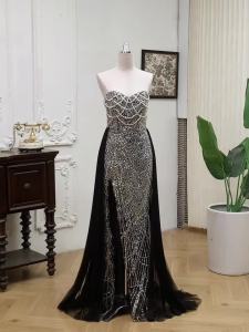 Babyonlinedress | Đầm Dạ Hội Ả Rập Đính Hạt Đen Sang Trọng Ngọc Trai Dành Cho Nữ Kiểu Maxi Dự Tiệc Cưới Cổ Sweetheart Không Tay Dài Chấm Đất