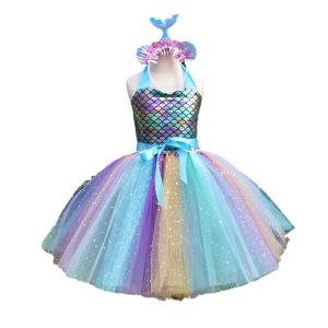 Sparkly Mermaid Princess Dress for GirlsSequined Tulle Fluffy Tutu SkirtKids Clothes for Halloween Birthday Parties and Stage