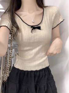 French Gentle Butterfly Knot Short Sleeve Knitted Ice Silk Thin Slim Fit U-Neck Top Women Summer Commute Korean Style T-Shirt