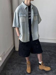 Washed Pure Color Double Pocket Loose Fit Half Sleeve Japanese Retro Summer Versatile Denim Shirt Standard Edition Polyester Fiber