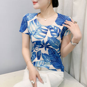 YIMEI เสื้อผ้าแฟชั่นใหม่สำหรับผู้หญิงสำหรับฤดูร้อน2025เสื้อยืดแขนสั้นพิมพ์ลายให้ตำแหน่งเข้ารูปเสื้อฐานคอกลมเสื้อลำลองสำหรับเดินทาง