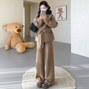 Pregnant Fashion Stand Collar Waist Belt Stylish Loose Knitted Sweater Pants Set