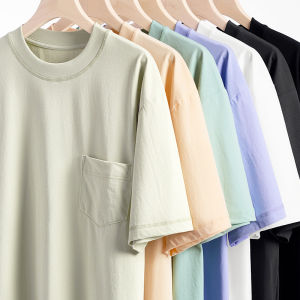 New 2025 Mens Ice Sensation Cotton Short Sleeve T-Shirt round Neck Pocket Design Pure Color Casual Top Breathable Summer Wear
