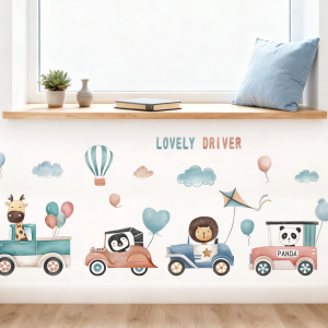 Decal giấy dán tường Lovely Driver và động vật dễ thương Có keo sẵn -Trang trí phòng cho bé
