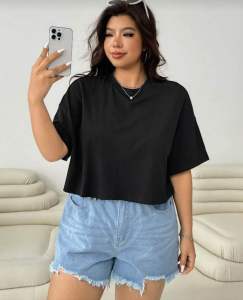 PLUS SIZE ROUND NECK CROP TOP - PLUS SIZE BASIC TOP