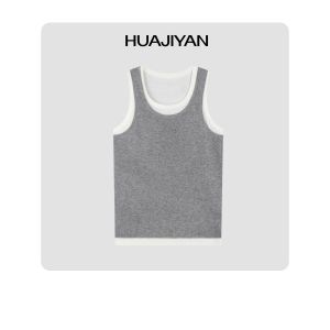 Color Block Knitted Crop Top Vest Comfortable Versatile Fake Two-Piece Style Casual Loose Fit Pure Color Design by Huajiyan