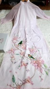Áo dài cách tân nữ Mộc trà hoa đào hồng phấn 4 tà lót lụa cao cấp - Áo Dài Hoàng Mai