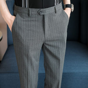 Slim Fit Summer Thin Elastic Comfortable Striped Mens Suit Pants British Business Formal Wear Casual City Fashion Polyester Blend