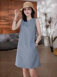 Korean Design Blue Sleeveless Dress Womens Summer Fashion Casual Elegant Vest Dress Loose Waist A-Line Midi Skirt