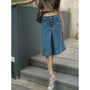 ศิลปะ โทนสีวินเทจ พลีท ดีไซน์ เดนิม กระโปรงยาวปานกลาง ทรงเอ กระโปรงมินิ ฤดูร้อน เอวสูง ผ้าฝ้าย สีบริสุทธิ์ สไตล์เกาหลี