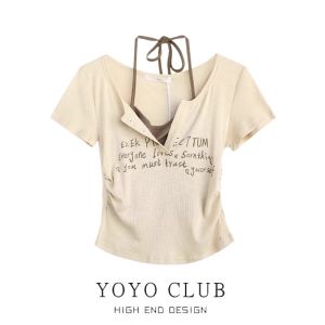 YOYO CLUB Áo Thun Ngắn Tay Cổ Điển Mỹ Dành Cho Nữ Cay Bé Gái In Treo Cổ Xếp Ly Áo Phong Cách Đi Làm Mùa Hè