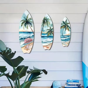 3pcs Ocean View Surfboard Wooden Wall Art Set with Double-Sided Nano Tape Palm Tree Beach Wood Decor for Summer Home