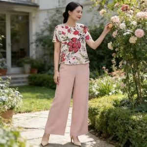Vintage Daily Short-Sleeved Color Printing T-Shirt +Long Pants  Side Pockets Set For Women 2378